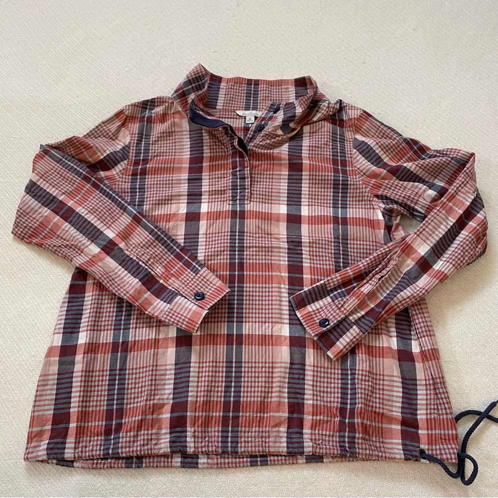 Women's L.L.Bean Signature Red Gray Plaid Half Button Up Pullover Shirt